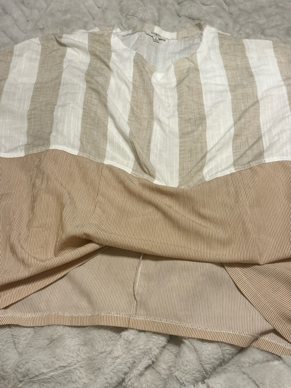 Umgee Cream and Tan Striped Blouse Distressed